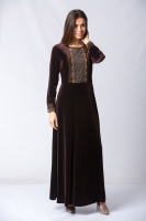 Taş İşlemeli Dantelli Kadife Elbise - Kahverengi
