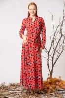 Flok Baskılı Desenli Şifon Elbise - Mercan