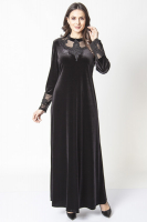Taş İşlemeli Dantel Detaylı Kadife Elbise - Siyah