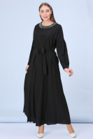 Yakası İnci İşlemeli Elbise - Siyah