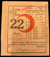 1950 SENESİNİN 22 OCAK PAZAR GÜNÜNE AİT KIZILAY TAKVİM YAPRAGI