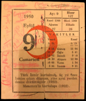 1950 SENESİNİN 9 EYLUL CUMARTESİ GÜNÜNE AİT KIZILAY TAKVİM YAPRAGI