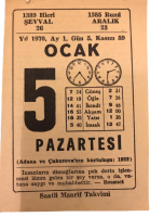 1970 SENESİNİN 5 OCAK PAZARTESİ GÜNÜNE AİT SAATLİ MAARİF TAKVİMİ YAPRAGI