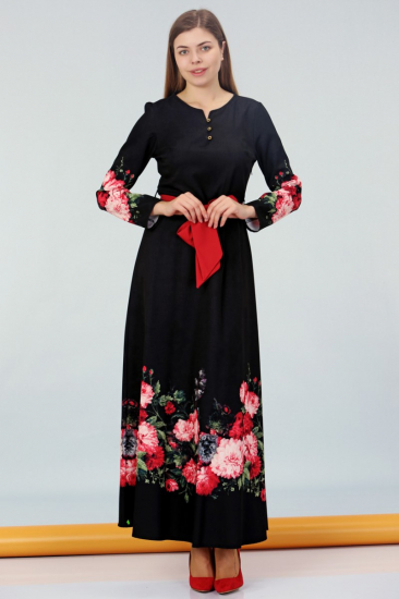 Etek Ucu Çiçekli Elbise - Siyah