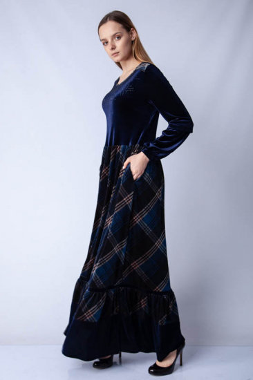 Taşlı Kadife Eteği Ekose Elbise - Lacivert