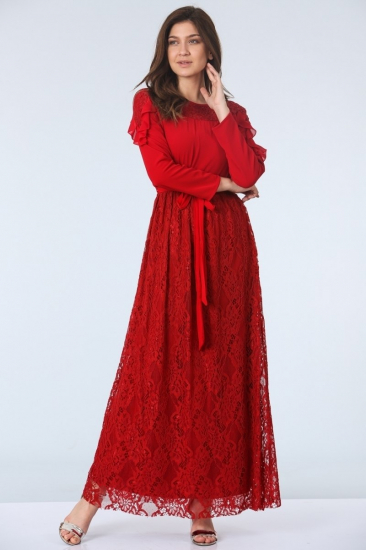 Dantelli Abiye Elbise - Kırmızı