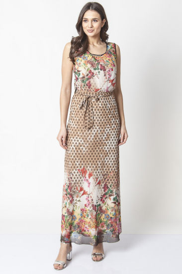 Belden Kuşaklı Çiçekli Elbise - Bej