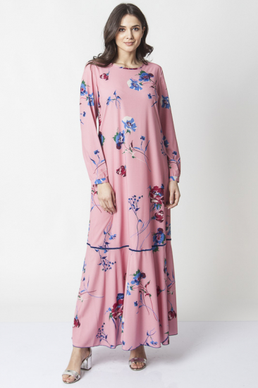 Desenli - Cepli İşleme Detaylı Elbise - Pembe