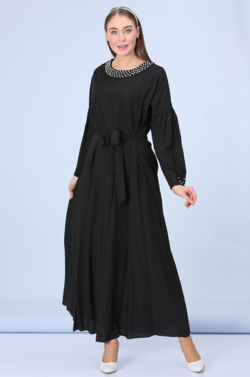 Yakası İnci İşlemeli Elbise - Siyah