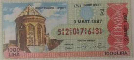 MİLLİ PİYANGO BİLETİ 9 MART 1987 YARIM BİLET 1000 TL