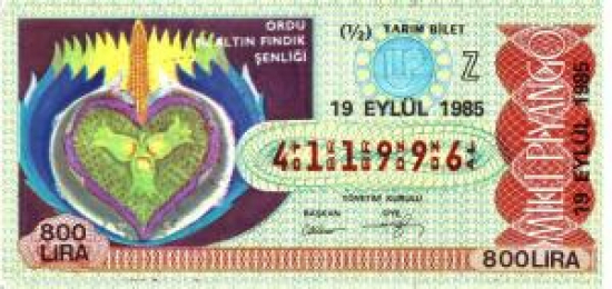 MİLLİ PİYANGO ÇEYREK BİLET 800 LİRA SERİ NO 19 EYLÜL 1985 ÇEKİLİŞİ