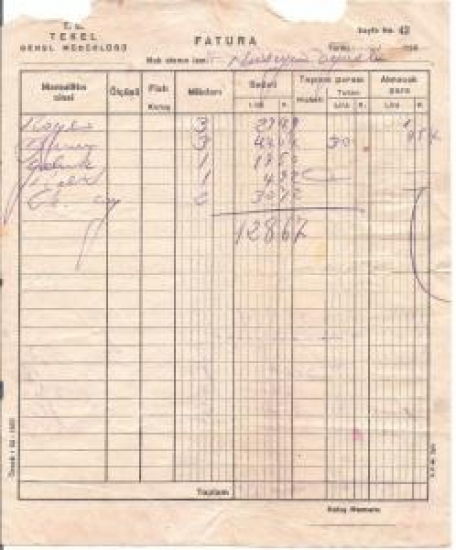 TEKEL İDARESİNİN BAFRA GELİNCİK CAY SATIŞI İÇİN KESTİĞİ 1950 YILLAR FATURA 12 LİRA 867 KURUŞLUK