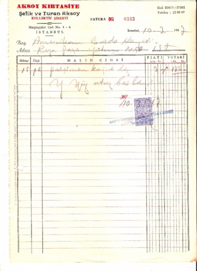 1967 İSTANBULDA AKSOY KIRTASİYE KESİLMİŞ 135 LİRALIK FATURA