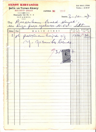 1967 İSTANBULDA AKSOY KIRTASİYE KESİLMİŞ 25 LİRALIK FATURA