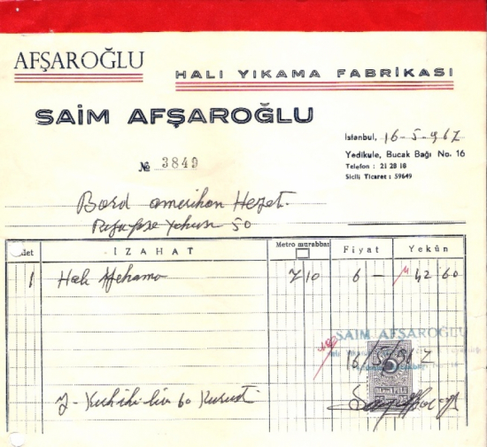 1967 İSTANBULDA AVŞAROĞLU HALI YIKAMA KESİLMİŞ 42.60 LİRALIK FATURA