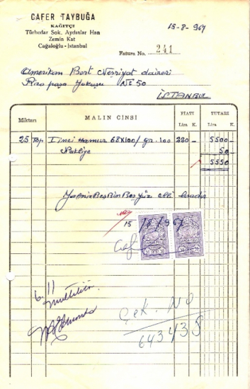 1967 İSTANBULDA CAFER TAYBUĞA KAGITCI KESİLMİŞ 5500 LİRALIK FATURA