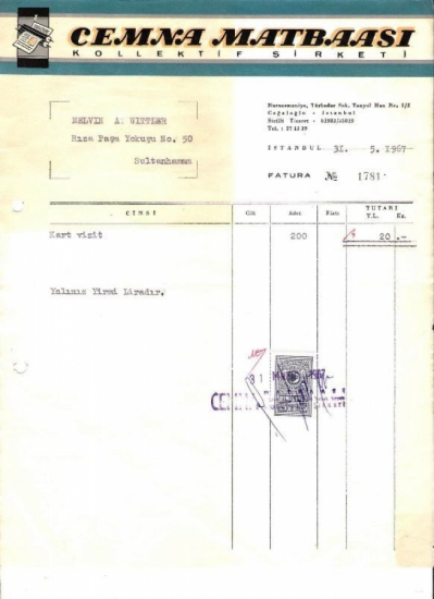 1967 İSTANBULDA CEMNA MATBAASI KESİLMİŞ 20 LİRALIK FATURA