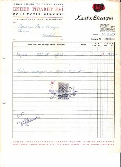 1967 İSTANBULDA ENDER TİCARET KESİLMİŞ 27.25 LİRALIK FATURA