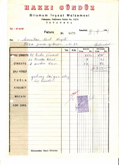 1967 İSTANBULDA HAKKI GÜNDÜZ İNŞAAT KESİLMİŞ 233 LİRALIK FATURA