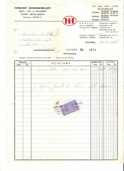 1967 İSTANBULDA HOŞVER MUESSESELERİ HIRDAVAT KESİLMİŞ 142.50 LİRALIK FATURA