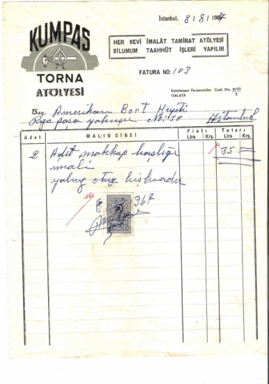 1967 İSTANBULDA KUMPAS TORNA KESİLMİŞ 35 LİRALIK FATURA