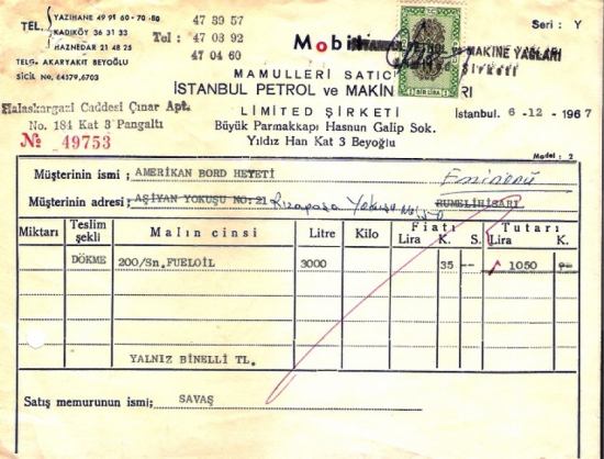 1967 İSTANBULDA MOBİL İSTANBUL PETROL KESİLMİŞ 1050 LİRALIK FATURA