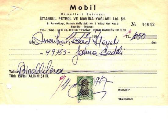 1967 İSTANBULDA MOBİL İSTANBUL PETROL KESİLMİŞ 1050 LİRALIK FATURA