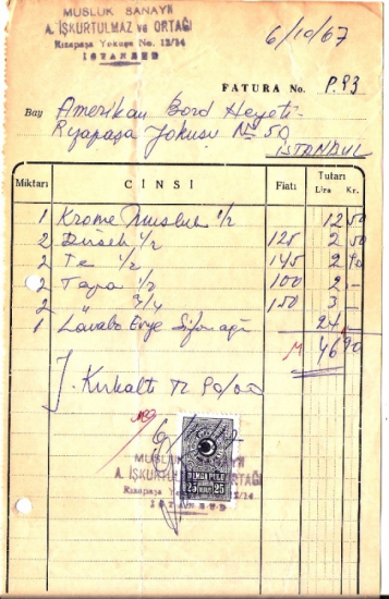 1967 İSTANBULDA MUSLUKCU KESİLMİŞ LİRALIK 46.90 FATURA