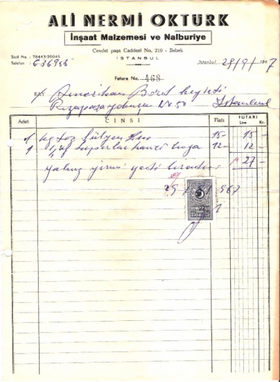 1967 İSTANBULDA NALBUR ALİ NERMİ KESİLMİŞ 27 LİRALIK FATURA