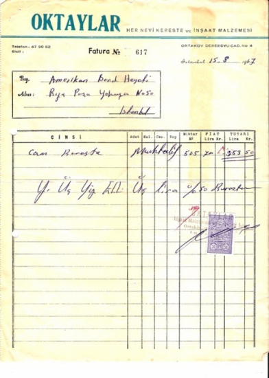 1967 İSTANBULDA OKTAYLAR KERESTECİLİK KESİLMİŞ 353.50 LİRALIK FATURA