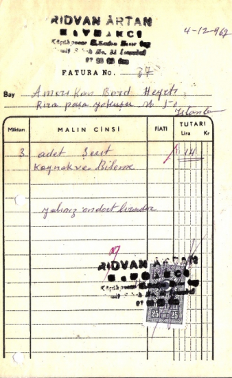 1967 İSTANBULDA RIDVAN ARTAN KAYNAKCI KESİLMİŞ 14 LİRALIK FATURA