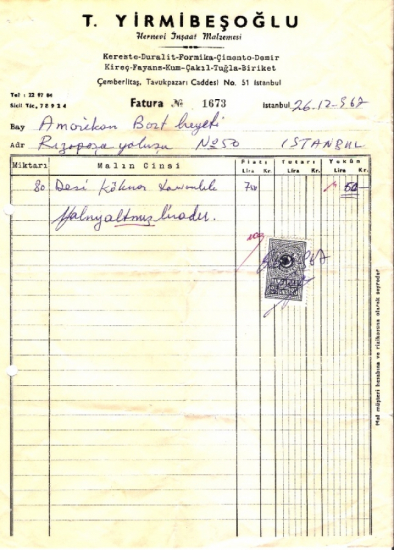 1967 İSTANBULDA T. YİRMİBEŞOĞLU İNŞAAT KESİLMİŞ 60 LİRALIK FATURA