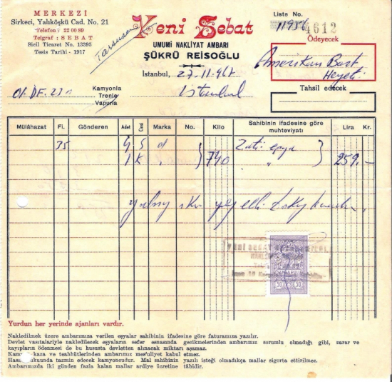 1967 İSTANBULDA YENİ SEBAT KESİLMİŞ 259 LİRALIK FATURA