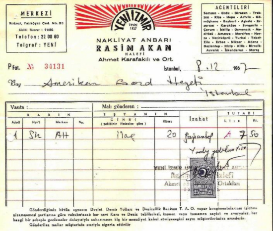 1967 İSTANBULDA YENİ İZMİR NAKLİYAT AMBARI KESİLMİŞ 7.50 LİRALIK FATURA