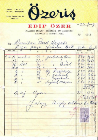 1967 İSTANBULDA ÖZERİŞ HIRDAVAT KESİLMİŞ 265.30 LİRALIK FATURA