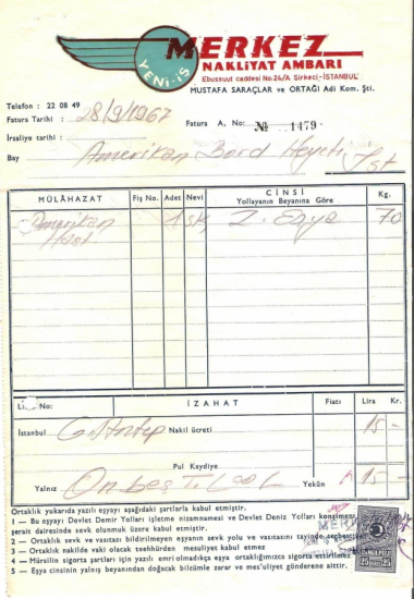 1967 YILINDA İSTANBULDA MERKEZ NAKLİYAT TARAFINDAN KESİLMİŞ 70 LİRALIK FATURA