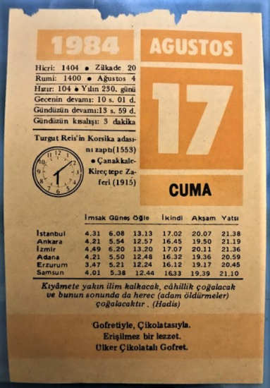 1984 17 AGUSTOS CUMA GÜNÜNE AİT TAKVİM YAPRAGI