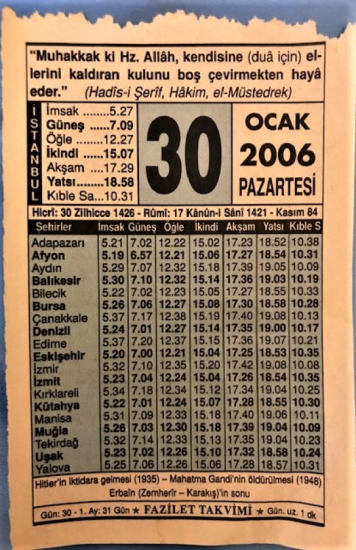 30 OCAK 2006 PAZARTESİ GÜNÜNE AİT TAKVİM YAPRAGI