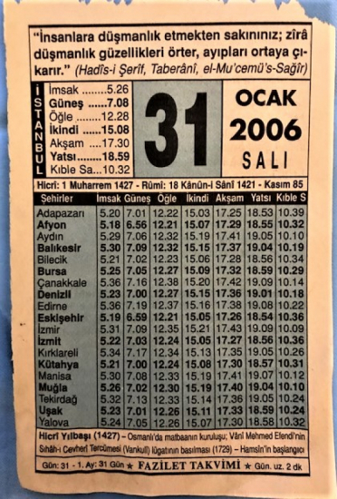 31 OCAK 2006 SALI GÜNÜNE AİT TAKVİM YAPRAGI