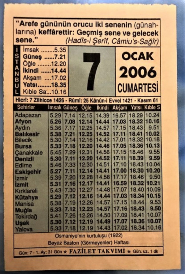 7 OCAK 2006 CUMARTESİ GÜNÜNE AİT TAKVİM YAPRAGI