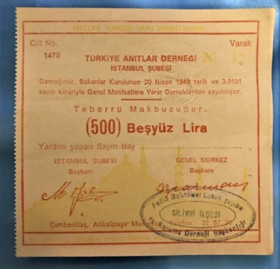 TÜRKİYE ANITLAR DERNEGİ İSTANBUL ŞÜBESİ 500 LİRA