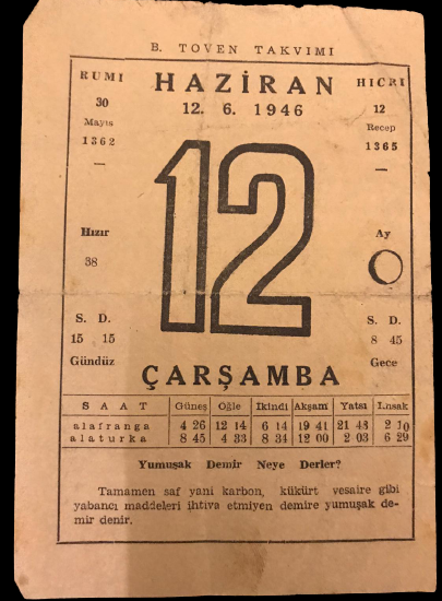 1946 SENESİNİN 12 HAZİRAN CARŞAMBA GÜNÜNE AİT B.TOVEN TAKVİMİ YAPRAGI