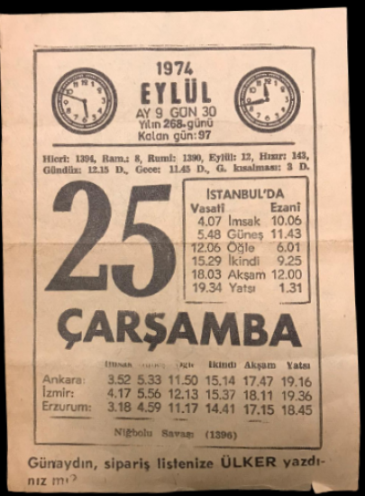 1974 SENESİNİN 25 EYLUL CARŞAMBA GÜNÜNE AİT SÖNMEZ TAKVİMİ YAPRAGI