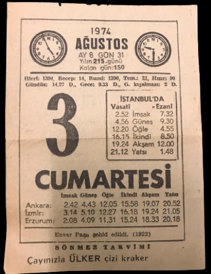 1974 SENESİNİN 3 AGUSTOS CUMARTESİ GÜNÜNE AİT SÖNMEZ TAKVİMİ YAPRAGI