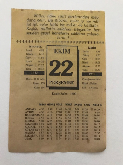 22 EKİM 1992 PERŞEMBE GÜNÜNE AİT TAKVİM YAPRAGI