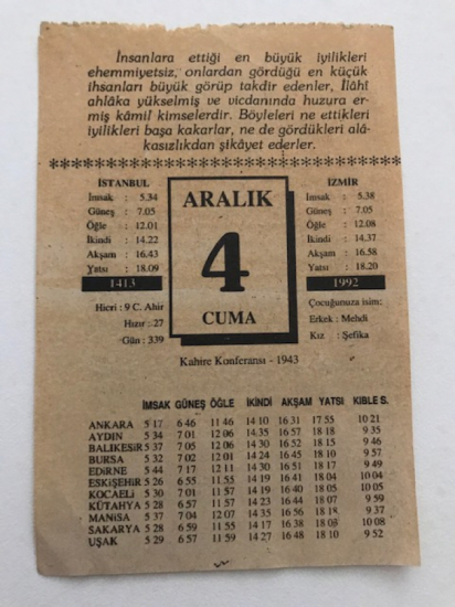 4 ARALIK 1992 CUMA GÜNÜNE AİT TAKVİM YAPRAGI