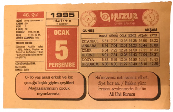 5 OCAK PERŞEMBE 1995 GÜNÜNE AİT TAKVİM YAPRAGI