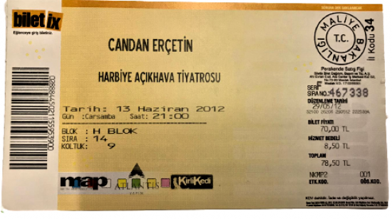 CANDAN ERCETİN HARBİYE ACIK HAVA TİYATROSU 13 HAZİRAN 2012 SAAT 21.00 KONSER BİLETİ