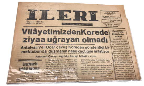 İLERİ GÜNLÜK SİYASİ DEMOKRAT GAZETE 20 ŞUBAT SALI 1951 ANTALYA İLERİ GAZETESİ SATIŞ FİYATI 5 KURUŞTUR