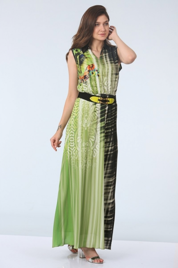 thumbKemerli Empirme Desen Elbise - Siyah-Yeşil